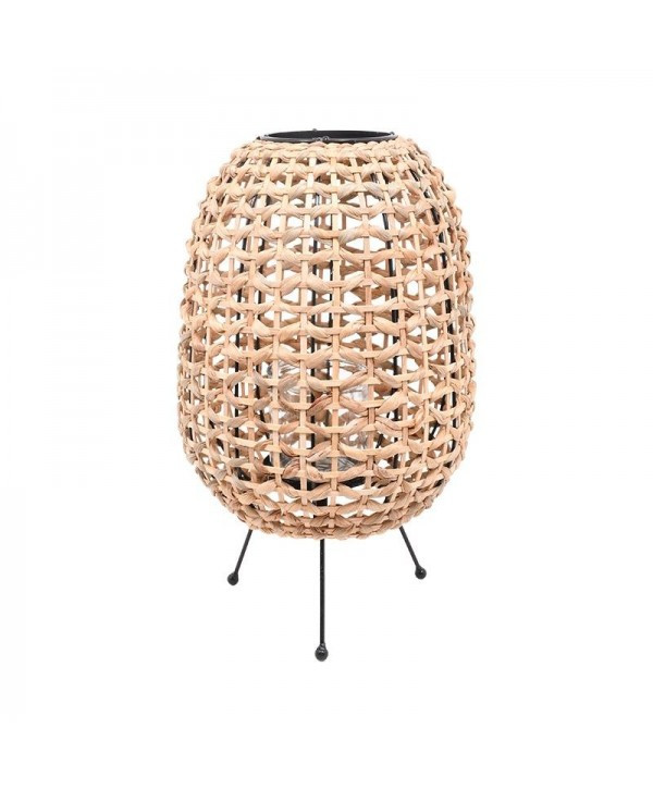 Artisan Wicker Lantern on Black Metal Base