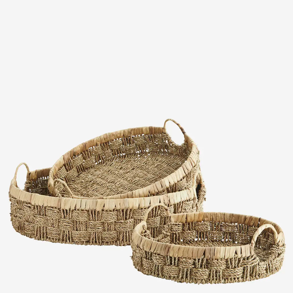 Natural Fiber Round Tray Set with Handles